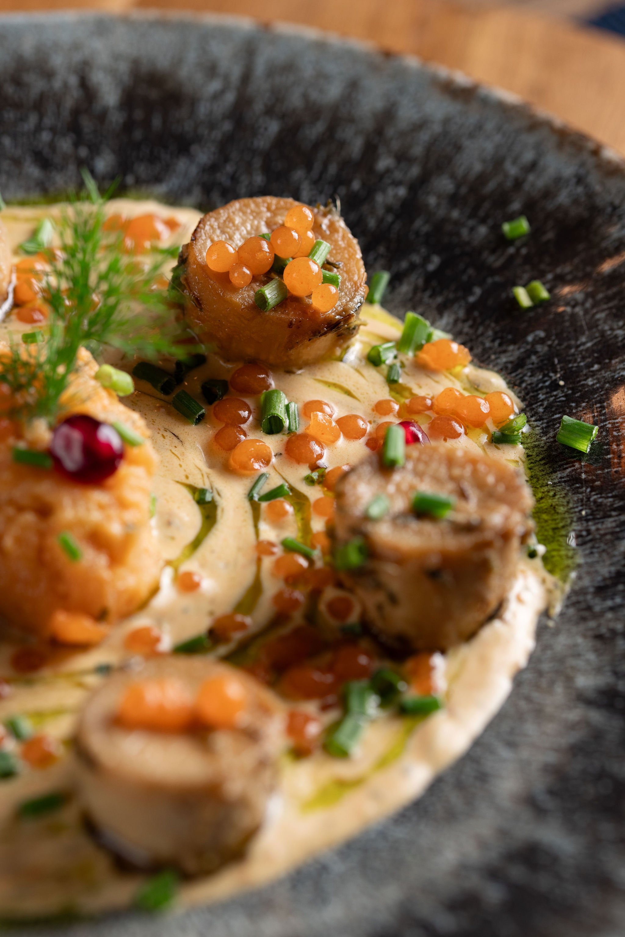 King oyster mushroom &lsquo;scallops&rsquo; with carrot &lsquo;roe&rsquo; caviar — plant-based Indian fine dining at Késarum